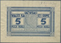 Latvia /Lettland
Unique PROOF print of 5 Rubli 1919 P. 3a-b(p), without date, signature Erhards, front proof, uniface printed in blue on watermarked ...