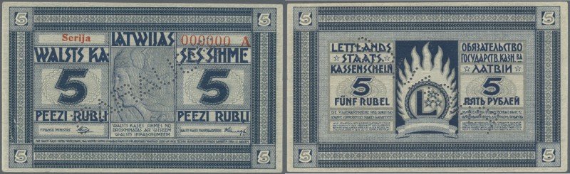 Latvia /Lettland
Rare SPECIMEN note 5 Rubli 1919 Series ”A”, zero serial number...