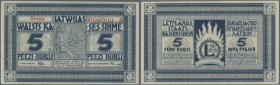 Latvia /Lettland
Rare SPECIMEN note 5 Rubli 1919 Series ”A”, zero serial number, ”PARAGUS” perforation at center, signature K. Purins, very special a...