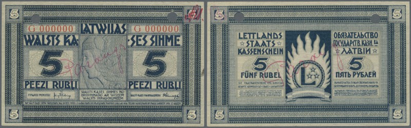 Latvia /Lettland
Rare SPECIMEN note 5 Rubli 1919 Series ”G”, zero serial number...