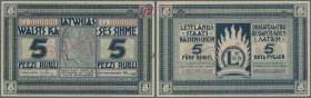 Latvia /Lettland
Rare SPECIMEN note 5 Rubli 1919 Series ”G”, zero serial number, handwritten ”PARAGUS” overprint in center on front and back side, si...