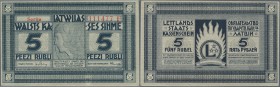 Latvia /Lettland
5 Rubli 1919 Series ”F”, P. 3f, signature Kalnings, one light dint at right, no folds, condition: aUNC.