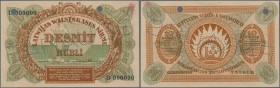 Latvia /Lettland
Rare SPECIMEN of 10 Rubli 1919 series ”D” P. 4ds, zero serial numbers, 2 cancellation holes, no other holes or tears, PARAUGS perfor...