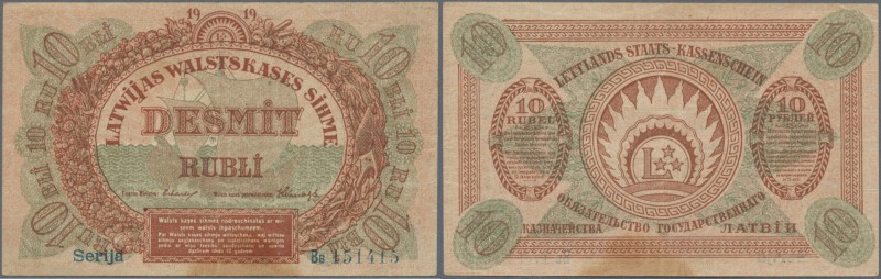 Latvia /Lettland
10 Rubli 1919 P. 4a, series ”Bb”, sign. Erhards, light horizon...