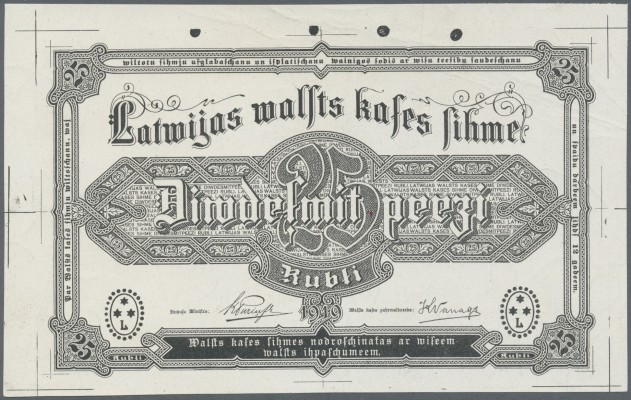 Latvia /Lettland
Rare FRONT PROOF of 25 Rubli 1919 P. 5a-f,p, uniface printed i...