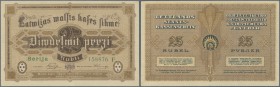 Latvia /Lettland
25 Rubli 1919 P. 5f, series F, sign. Purins, with center fold, light horizontal fold and light dints at right border, no holes or te...