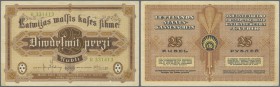 Latvia /Lettland
25 Rubli 1919 P. 5h, series ”R”, sign. Kalnings, center fold and several creases in paper, still crispness in paper and original col...
