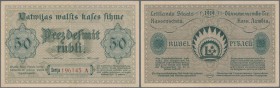 Latvia /Lettland
50 Rubli 1919 P. 6, series ”A”, sign. Erhards, center fold and handling in paper, no holes or tears, original crispness and colors i...
