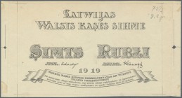 Latvia /Lettland
Rare uniface front PROOF print of 100 Rubli 1919 P. 7p, w/o serial, sign. Erhards, black print on white stronger unwatermarked paper...