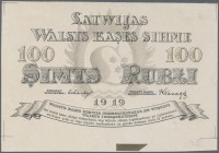Latvia /Lettland
Rare uniface front PROOF print of 100 Rubli 1919 P. 7p, w/o serial, sign. Erhards, black/brown print on white stronger unwatermarked...