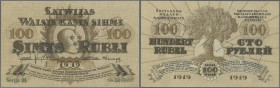 Latvia /Lettland
100 Rubli 1919 Specimen P. 7es, series ”M”, zero serial numbers, sign. Kalnings, PARAUGS perforation, minor paper irritation at lowe...