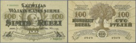 Latvia /Lettland
100 Rubli 1919 Specimen P. 7fs, series ”P”, zero serial numbers, front and back printed seperatly on banknote paper, sign. Kalnings,...
