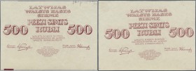 Latvia /Lettland
Unique PROOF print of 500 Rubli 1920 P. 8p, w/o serial, sign. Purins, both sides show a proof of the front side print, red color on ...