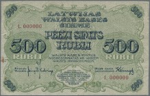 Latvia /Lettland
Rare SPECIMEN Proof of 500 Rubli 1920 P. 8cs, uniface print of the front, zero serial numbers, serial letter ”L”, several folds and ...