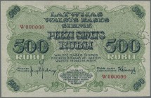 Latvia /Lettland
Rare SPECIMEN Proof of 500 Rubli 1920 P. 8cs, uniface print of the front, zero serial numbers, serial letter ”W”, light center and c...