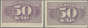 Latvia /Lettland
Rare error print of 50 Kap. 1920 P. 12 with deplaced print on front and regular print on back, light vertical fold and dint in paper...