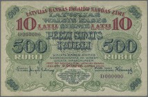 Latvia /Lettland
Rare SPECIMEN / Proof print of 10 Latu on 500 Rubli 1920 P. 13s/p series ”D”, uniface print of the front, PARAUGS perforation at cen...