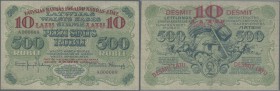 Latvia /Lettland
10 Latu on 500 Rubli 1920 P. 13, highly rare with very low serial #A000009, 9th ever printed note of this type, 3 vertical folds in ...