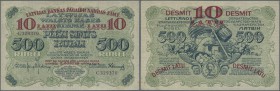Latvia /Lettland
10 Latu on 500 Rubli 1920 P. 13, series ”C”, sign. Kalnings, no folds but light creases at upper border, no holes or tears, minor st...