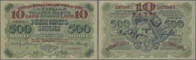 Latvia /Lettland
10 Latu on 500 Rubli 1920 P. 13, series ”E”, sign. Kalnings, light center fold, creases at borders and handling in paper, still cris...