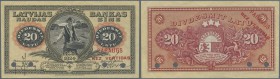 Latvia /Lettland
Highly rare 20 Latu 1924 SPECIMEN P. 15s, w/o serial number, sign Kalnings, ovpt. PARAUGS, 4 cancellation holes, light vertical fold...