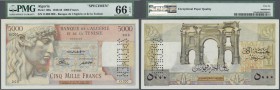 Algeria / Algerien
5000 Francs ND(1949-56) Specimen P. 109s, highly rare item with zero serial numbers and Specimen perforation, PMG graded 66 Gem UN...
