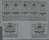 Austria / Österreich
uncut sheet of 7 FORMULAR notes containing 5, 10, 25, 50, 100, 500 and 1000 Gulden 1784 uniface print on thick blue paper, the s...