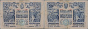 Austria / Österreich
50 Kronen 1902 P. 6, used with stronger folds, stains, several pinholes in paper, minor border tears, 2 of them taped, condition...