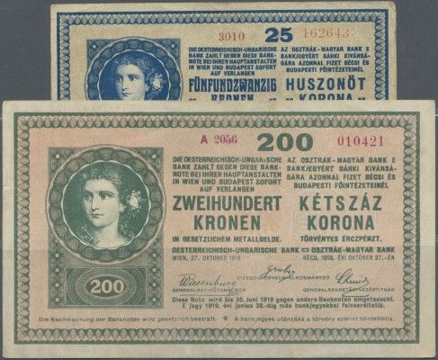 Austria / Österreich
pair with 25 and 200 Kronen 1918, P.23, 24, both in used c...