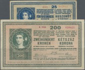 Austria / Österreich
pair with 25 and 200 Kronen 1918, P.23, 24, both in used condition with several folds, stained paper and tiny tears at right bor...