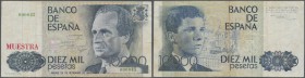 Spain / Spanien
10.000 Pesetas 1985 SPECIMEN, P.161s with red overprint ”Muestra” and serial number 000045 with many folds and creases, toned paper a...
