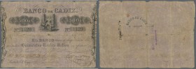 Spain / Spanien
Banco de Cadiz 500 Pesetas 1845 P. S283, stronger used with strong horizontal and vertical folds, holes in paper, no repairs, conditi...