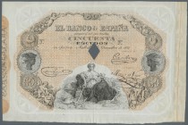 Spain / Spanien
50 Escudos 1871 P. NL, a highly rare issue of ”El Banco de Espana” with bank cancellation at center, without serial numbers, folded h...