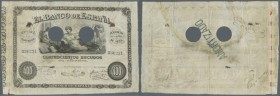 Spain / Spanien
400 Escudos 1872 P. NL, a very rare issue, 2 cancellation holes at center, a stronger center fold with a hole in center and another h...