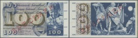Switzerland / Schweiz
100 Franken 1956 Specimen P. 49As, zero serial numbers, red specimen overprint, light dints in paper, traces of glue from attac...