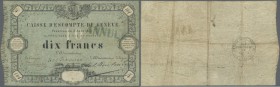 Switzerland / Schweiz
10 Francs 1856, Caisse D'Escompte de Genève, P. S311, stamped ”Annulé”, used with several folds, several pinholes at left but n...