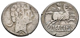 Sekobirikes. Denario. 120-30 a.C. Saelices (Cuenca). (Abh-2168). (Acip-1869). Anv.: Cabeza masculina a derecha con torque doble, detrás creciente y de...
