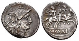 Anónimo. Denario. 208-206 a.C. Roma. (Ffc-72 var). (Craw-51 var). Anv.: Cabeza de Roma a derecha, detrás: X. Rev.: Los Dioscuros a caballo a derecha, ...