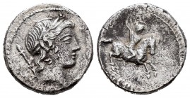 Crepusia. Denario. 82 a.C. Roma. (Ffc-661). (Craw-361/1a). (Cal-526). Anv.: Cabeza laureada de Apolo a derecha, detrás cetro. Rev.: Jinete con lanza a...