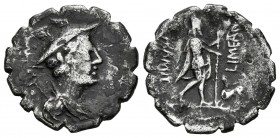 Mamilia. C. Mamilius Limetanus. Denario. 82 a.C. Taller Auxiliar de Roma. (Ffc-835). (Craw-362/1). (Cal-920). Anv.: Busto de Mercurio a derecha, detrá...