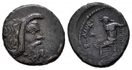 Vibia. C. Vibius C.f.C.n. Pansa. Denario. 48 a.C. Roma. (Ffc-1219). (Craw-449/1a). (Cal-1371). Anv.: Máscara de Pan a derecha, debajo: (PANSA). Rev.: ...