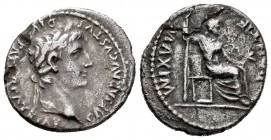 Augusto. Denario. 13-14 a.C. Lugdunum. (Ric-252). (Ch-223). Rev.: PONTIF MAXIM. Figura femenina senada a derecha con cetro y rama. Ag. 3,34 g. MBC-/BC...