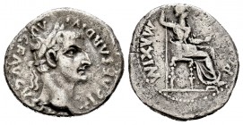 Tiberio. Denario. 14-37 d.C. Lugdunum. (Spink-1763). (Ric-26). Rev.: PONTIF MAXIM. Livia sentada a la derecha con cetro y rama. Ag. 3,44 g. MBC-/BC+. ...