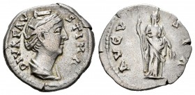 Diva Faustina I. Denario. 141-146 d.C. Roma. (Ric-404b (Var. anepígrafa)). Anv.: DIVA AVG FAVSTINA. Busto drapeado a derecha . Rev.: AVGVSTA. Ceres co...