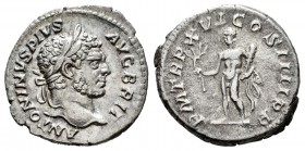 Caracalla. Denario. 213 d.C. Roma. (Spink-6828). (Ric-206a). (Seaby-220). Rev.:  P M TR P XVI COS IIII P P. Hércules en pie a izquierda con rama y pie...