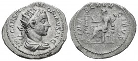 Eliogábalo. Antoniniano. 219 d.C. Roma. (Spink-7487). (Ric-67). Rev.: FIDES EXERCITVS. Fe sentada a izquierda con un águila, entre estandartes. Ag. 4,...