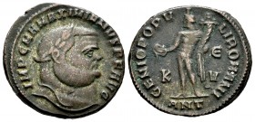 Maximiano Hércules. Follis. 300-301 d.C. Antioquía. (Spink-13275). (Ric-54b). Rev.: GENIO POPVLI ROMANI. Genio en pie a izquierda pátera y cuerno de l...