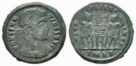 Constantino I. Centenional. 330-335 d.C. Cyzicus. (Spink-16357). Rev.: GLORIA EXERCITVS. Dos soldados con estandarte y lanza, en exergo SMKA. Ae. 2,70...