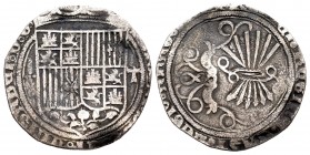 Fernando e Isabel (1474-1504). 1 real. Toledo. (Cal-465). Ag. 2,38 g. Escudo entre cruz de puntos y T. Recortada. MBC-. Est...40,00. /// ENGLISH DESCR...