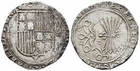 Fernando e Isabel (1474-1504). 4 reales. Sevilla. (Cal-564). Ag. 13,71 g. Escudo entre S - IIII, en reverso ensayador d cuadrada. MBC. Est...200,00. /...